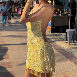 <span class=keywords><strong>Vestido</strong></span> Mini Vintage <span class=keywords><strong>de</strong></span> Mujer con Lentejuelas Amarillas y Borlas, Tirantes Finos, Corte A, Sin Espalda, con Cuentas, para Fiesta/Club, Primavera/Otoño - Product Image 2