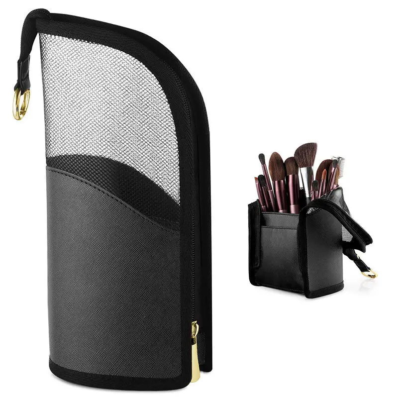 Designer stand-up pvc makeup brush bag waterproof,pu toiletry storage cosmetic stand up makeup brush bag holder with compartment