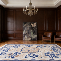 Tapis d'appoint noué à la main, haut de gamme, écologique, antidérapant, en laine à poils longs, beige, motif floral bleu, style oriental traditionnel