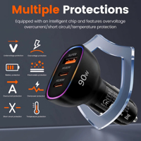 Chargeur de voiture rapide 90W – Produits tendance – Corps ignifuge USB-C 30W pour Samsung Galaxy S26 S24 S25 – Triple port, double sortie