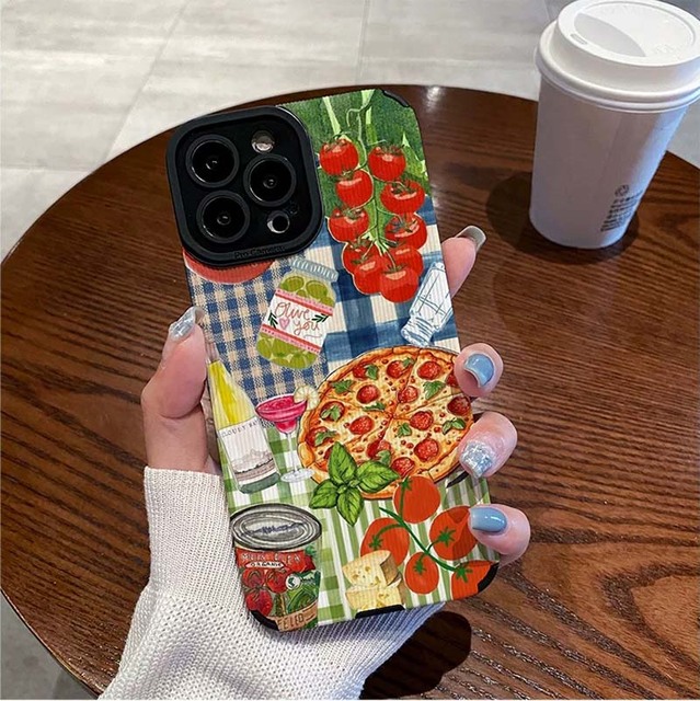 Picnic Tomato Pizza Bread Leaf Printing Artificial Leather TPU Mobile Phone Case for Iphone X Xr 11 12 13 14 15 16 17 18 Pro Max
