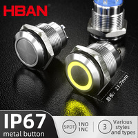 HBAN 공장 16mm SPDT 12-24V 순간 작동 푸시 버튼 스위치 레드 링 전원 기호 IP67 조명 제어 방수 푸시버튼