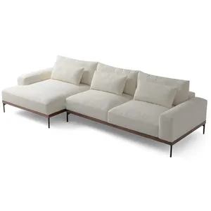 Canapé vintage en tissu accoudoir en cuir véritable base en bois avec pieds en métal canapé de salon de style européen blanc coton lin