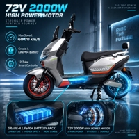 Sepeda Motor Listrik MTBGO T08 Long Seat dengan Baterai LiFePO4 72V, untuk Komuter Sehari-hari, Dewasa, dan Starter Tanpa Kunci
