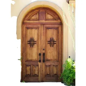 Folklore testa ad arco circolare Design opzionale stile ingresso principale in ferro battuto porta in legno massiccio per villa con disegno di intaglio