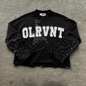 Camiseta de Manga Larga de Algodón 100% con Logotipo Bordado Personalizado, Doble Capa, Corte Holgado, Estampado Desgastado con Pedrería - Product Image 1