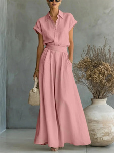 Traje de Dos Piezas para Mujer, Color Sólido, Camisa con Botones y Manga Corta, Pantalones Largos de Cintura Alta con Pliegues y Pierna Ancha, Atuendo Casual para Vacaciones - Product Image 4