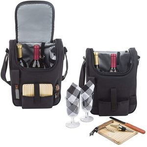 Sac isotherme de transport pour vin, certifié BSCI, portable, pour 2 bouteilles et fromage, ensemble de sacs de transport en toile noire imperméable avec pique-nique - Product Image 5