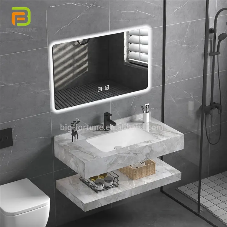 Nordic style modern washing basin cabinet cheap slate bathroom basin vanities with led mirror