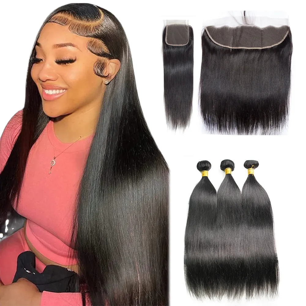 WXJ 100% Brazilian Human Raw Hair Bundles with HD Lace Frontal Closure Vendor Wholesale Cuticle Aligned Virgin Hair Extensions