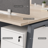Bureau de travail modulaire moderne pour 4 personnes, charbon, avec pieds en A inclinés, écran acoustique et piedestals mobiles