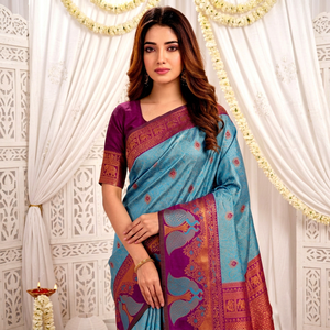 Sari Tradicional de Seda Azul Púrpura con Motivo de Elefante para Mujer, Estilo Indio-Pakistaní, Protección Solar, para Bodas y Playa - Product Image 1