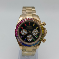 Montre à mouvement VK63, montre calendrier argentée et blanche en acier inoxydable, six aiguilles, chronographe segmenté, lunette sertie de diamants arc-en-ciel