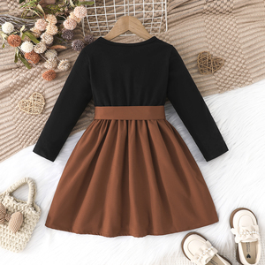 Exquisite Letter Printed Elegant Party <strong>Dress</strong> for <strong>Kids</strong> 4-7 Years Old Bow Belt Pleated Long Skirt with Lace Decoration ODM Supply - Product Image 2