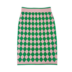 مصنع جديد متماسكة بدلة الموضة جولة الرقبة أرجايل سترة سترة المرأة حزمة طويلة الورك اثنين من قطعة تنورة سترة مجموعة - Product Image 3