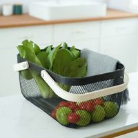 Keranjang penyimpanan gagang kayu, keranjang penyimpanan portabel besi tempa jala kawat untuk buah & sayuran untuk penggunaan Dapur