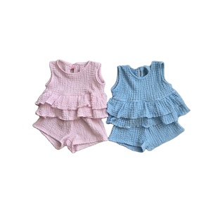 Rosa e <span class=keywords><strong>blu</strong></span> bicolore torta estiva senza maniche Top + Shorts Set completo da ragazza in tinta unita - Product Image 1