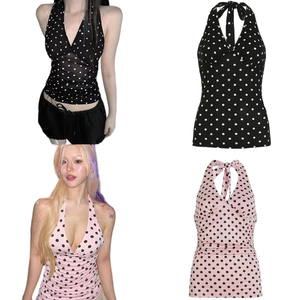 Débardeur court sans manches à col en V et dos nu à pois, écologique, respirant, séchage rapide, avec rubans en dentelle et logo frontal, sexy et moulant - Product Image 1