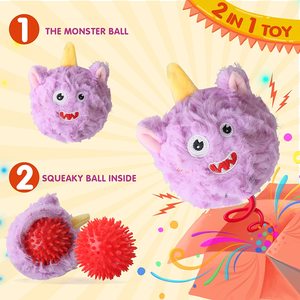 Set di 3 Giocattoli per Cani Monster Ball 2-in-1, Animali di Peluche e Giocattoli Morbidi per la Pulizia dei Denti, Colori Viola/Verde/Giallo - Product Image 5