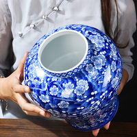 Jarra de Cerámica Extra Grande Azul y Blanca con Tapa, para Té o Almacenamiento, Ecológica, 3-4L, Decoración para el Hogar o Club