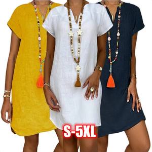 Abiti da donna in <span class=keywords><strong>cotone</strong></span> e lino in tinta unita estivi Casual a maniche corte con scollo a V <span class=keywords><strong>Mini</strong></span> <span class=keywords><strong>abito</strong></span> Vintage da spiaggia femminile taglie forti - Product Image 1