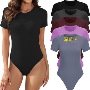 Europa y América cuello redondo ajustado Top Color sólido Sexy piel amigable belleza cuerpo mujer mono - Product Image 3