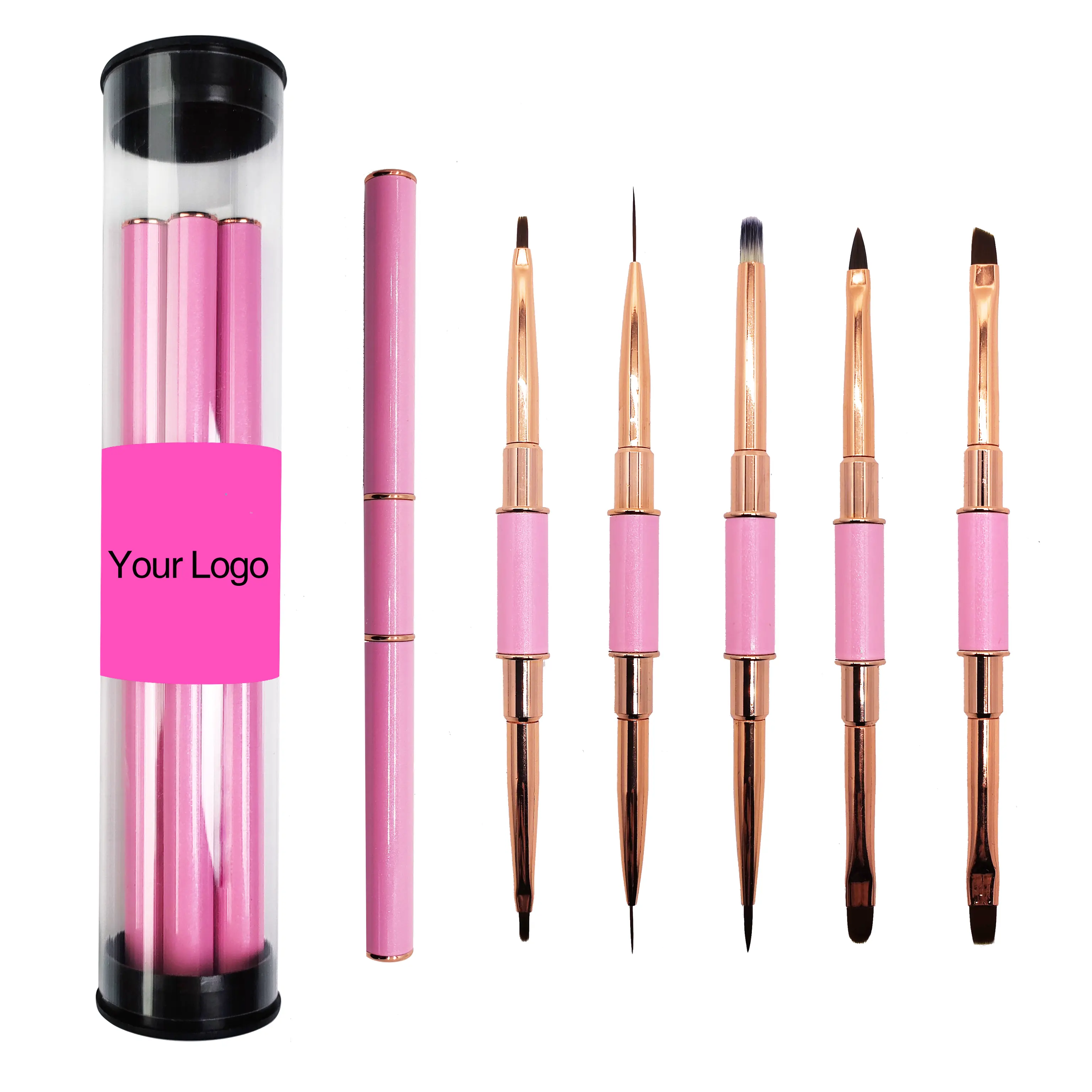 Wholesale Full Pink Double End Uv Gel Liner Nail Art Brushes Custom Gel Art Design Rose Gold Metal Handle 3D Nails Brush