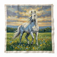 Peinture à l'huile sur toile de coton et lin, peinte à la main, 50x50cm, Cheval blanc au coucher du soleil sur prairie, texture épaisse, art mural pour la décoration de la maison
