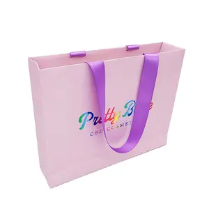 Custom High End Recyclebaar Fancy Paars Foliedruk Winkelen Papieren Gift Bag Met Handvat Lint