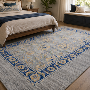 Alfombra Oushak Clásica de Lana Anudada a Mano, Rectangular, Azul Grisáceo con Diseño Floral, Reversible, Ecológica, Antideslizante, para Dormitorio, Pelo Medio - Product Image 1