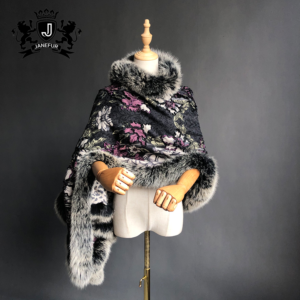 Thời Trang Mềm Cashmere Cape Với Fur Đối Với Phụ Nữ Dày Ấm Mùa Đông Lụa Cashmere Fur Shawl