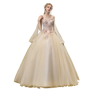 Off Shoulder Champagne Color Long Evening Gown Women's Stage Performance Dress With Puffy Skirt For Vocal Arts Choir Folk Songs - Product Image 5