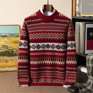 Premium <strong>Christmas</strong> Holiday Gift Retro Jacquard Thick Knit Mock Neck Top Rich Pattern 100% Cashmere <strong>Men</strong> Pullover Sweater - Product Image 2