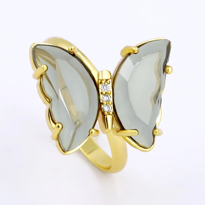 14 K altın kaplama bakır ayarlanabilir kelebek yüzük renkli şeffaf Rhinestone zarif çerçeve halka 2021 en çok satan