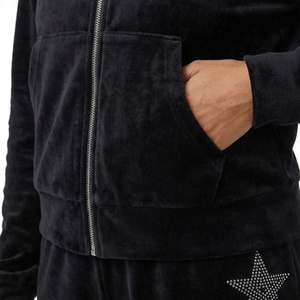 <b>Women</b> Black <b>Velvet</b> <b>Tracksuit</b> Zip Up Cropped Hoodie And Jogger Pants With Rhinestone Sleeve - Product Image 6