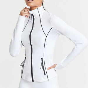 Hauts <span class=keywords><strong>de</strong></span> gymnastique moulants à manches longues pour femmes, vêtements d'extérieur <span class=keywords><strong>de</strong></span> <span class=keywords><strong>sport</strong></span> personnalisés en élasthanne/nylon, vestes <span class=keywords><strong>de</strong></span> yoga à fermeture éclair, style cool uni coupe ajustée pour femmes - Product Image 1