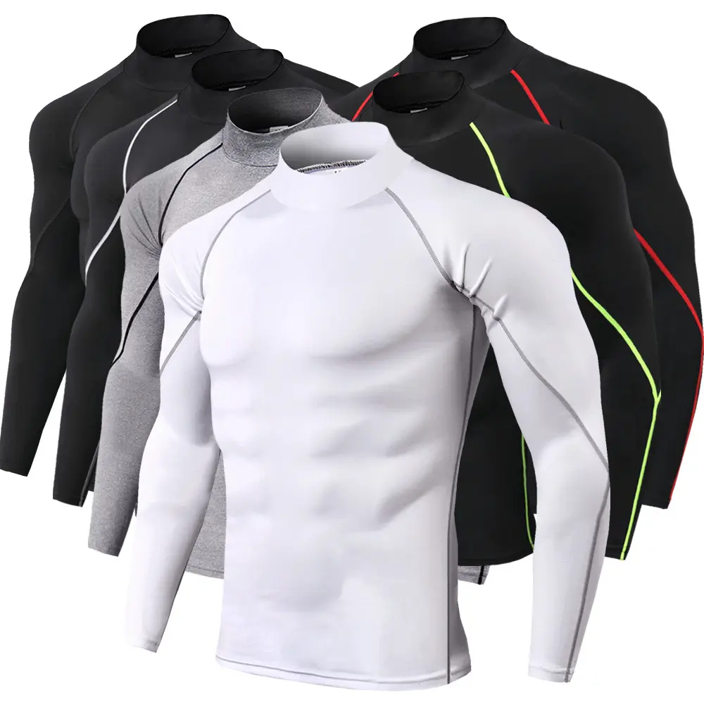 Men Polyester Compression PRO Long Sleeve Training Shirts Quick Dry Gym Wear Athletic Fitness T-Shirt