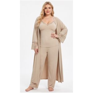 Ensemble de vêtements de nuit pour femmes en 3 pièces avec dentelle, en spandex/coton, robe, haut de pyjama à col en V, pantalon long, vêtements de détente unis, lavables en machine - Product Image 4