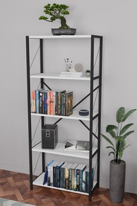 Modern Commercial Metal Display Shelf with Wooden Shelves 5-Shelf Freestanding <b>Bookcase</b> Living Room Furniture for Home Storage - Product Image 3