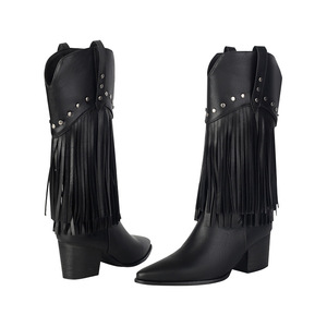 Nouvelles Bottes en Cuir à Pompons pour Femme 2025, Noires et Marron, à Bout Carré, Montantes, Rehaussantes, Chaudes pour l'Automne et l'Hiver - Product Image 5