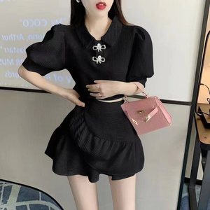 White Two Piece Set High Waist Polo Neck Ruffles A Line Skirt Casual Dress Women Daily Wear Solid Color Polyester - Product Image 3