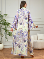 Abaya élégante à imprimé floral perlée à la main, manches évasées, col en V, kaftan musulman modeste, robe longue jusqu'aux chevilles pour le Ramadan et l'Aïd