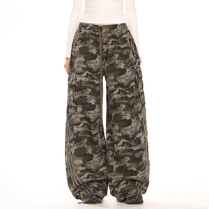 Pantalon cargo imprimé camouflage en sergé personnalisé LARSUR, patchwork, bandes latérales, pantalon ample droit à lacets, pantalon pour femmes - Product Image 1