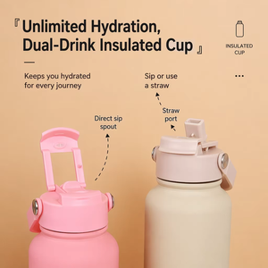 Bouteille d'eau sport isotherme sous vide en acier inoxydable 304 de 1L avec paille et double couvercle, poignée pour la gym et les voyages - Product Image 3