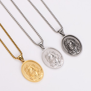 Bijoux religieux, acier inoxydable anti-ternissement, plaqué or 18 carats, pendentif ovale rétro en forme de Jésus, collier - Product Image 1