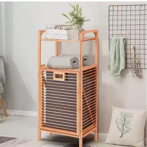 Cesto de ropa de bambú con gabinete de 33x15x85cm, doble capa con estante y asas para colgar ropa, organizador de ropa para lavandería. - Product Image 1