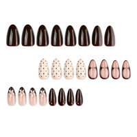 Ongles à presser vintage en PMMA à motif floral, base rose nude, bord brun, pois, fleur blanche peinte à la main, perle dorée, forme amande, collection automne