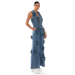 Nuovo Design Custom senza maniche scollo a V cintura regolabile <span class=keywords><strong>Denim</strong></span> tessuto floreale tuta <span class=keywords><strong>Denim</strong></span> pantaloni larghi per donna - Product Image 5