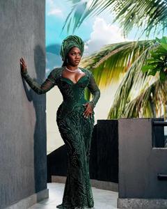 Gaun Prom Putri Duyung Hijau Afrika Gaun Malam Manik-manik Lengan Panjang yang Dapat Disesuaikan Gaun Pesta Pernikahan Aso Ebi Vestidos De Coctel - Product Image 3