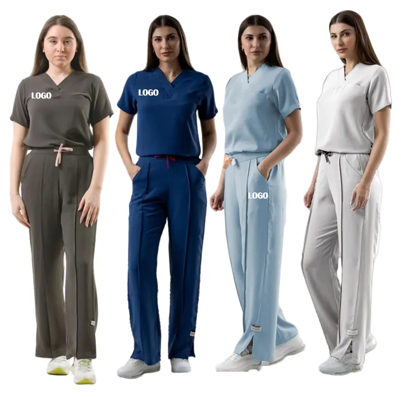 Único médico blanco azul mujeres pantalones de pierna recta tela suave Arabia Saudita moda enfermera Hospital uniformes conjuntos médicos